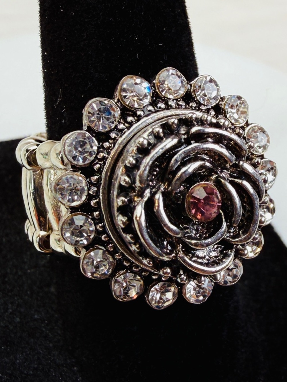 Silvertone, interchangeable button, stretch, statement ring - Picture 6 of 6